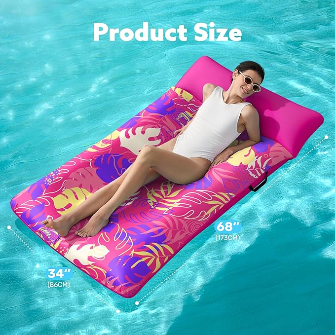 SLOOSH Inflatable Pool Floats Lounger - XL Fabric Covered Pool Mat Floaties for Adults, Ultra Comfort Water Floating Lounger with Headrest for Beach Lake Swimming Pool Float Raft 68"X34"