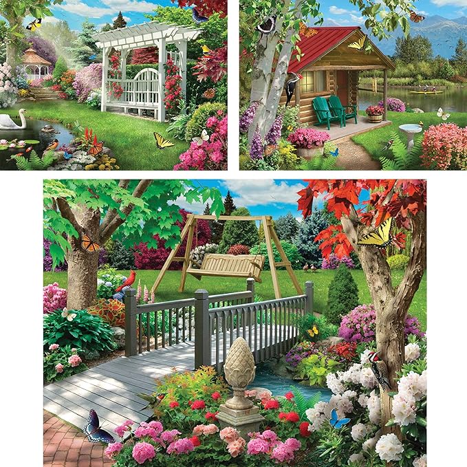 Bits and Pieces – Value Set of Three 300 Piece Jigsaw Puzzles for Adults – Gardens Galore, Lake Life, Peaceful Park Jigsaw Puzzles by Artist Alan Giana, Completed Puzzle Size: 18" x 24"