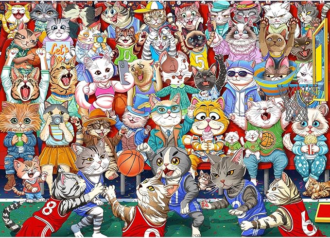 Puzzles for Adults 1000 Pieces, Cat Basketball Fun Jigsaw Puzzles Challenging Game, Puzzles Interlock Perfectly No Dust, for House Decoration, Party Toy for Parents