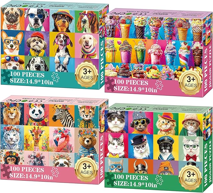 4-Pack 100 Piece Puzzles for Kids Ages 6-8 8-10 - Large Piece Puzzles for Adults Seniors Kids,Dogs Cats Ice Cream Animals Jigsaw Puzzle for Kids Ages 4-6,Learning Educational Toys Gifts for Boys Girls