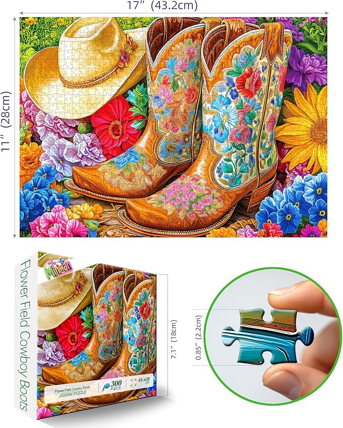 Cowboy Boot & Hat 300 Piece Puzzle for Adults, Fun Puzzles for Adults 300 Pieces with HD Print Poster,17" X 11" Dust Free, for Gifts Birthday Holiday Party Family Games Lovers