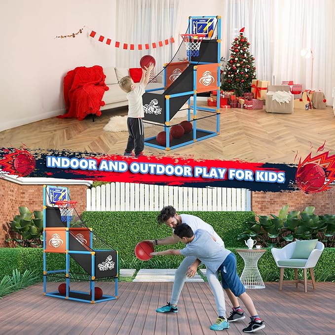 Arcade Basketball Game Set Boy Toys: Indoor Basketball Hoop with 4 Balls Outdoor Sports Toy for Kids 3-12 Years Old Adjustable Height with Air Pump Kid Party Games Birthday Gifts for Boys Girls Teens
