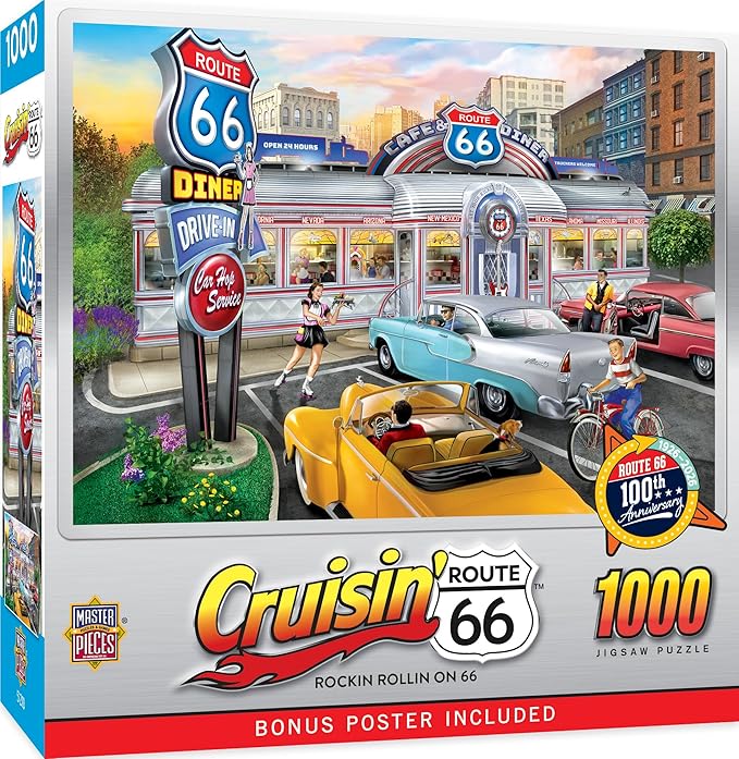 MasterPieces Jigsaw Puzzle 1000 Pieces for Adults - Rockin Rollin on 66, Retro Diner Scene with Jukebox, 19.25"x26.75", Vintage Americana, Unisex Adult