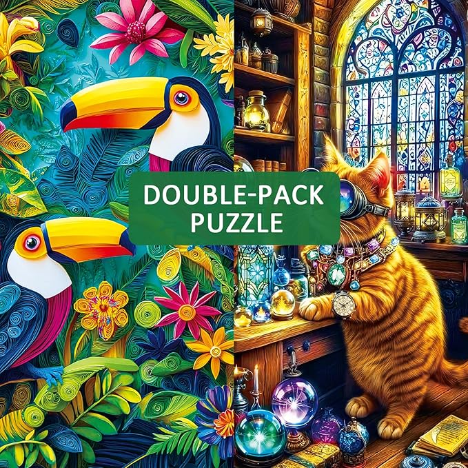 Puzzles 1000 Pieces for Adults, 2 Pack Unique Shape Puzzles for Adults, Toucans and Science Cat Theme, Fun Games in Party