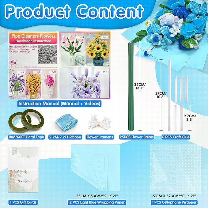 LINAYE 500 PCS Pipe Cleaners Craft, 6 Colors Pipe Cleaners Flowers Kit, Chenille Stems for Crafts with Instruction Wrapping Paper, Flower Stamens, Stems Art and Craft Supplies Blue
