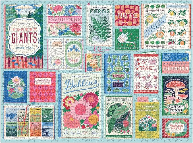 Galison Ever Upward Botanist Bookshelf – 1000 Piece Jigsaw Puzzle Featuring Beautiful Artwork of A Floral Planting Themed Books in A Collage