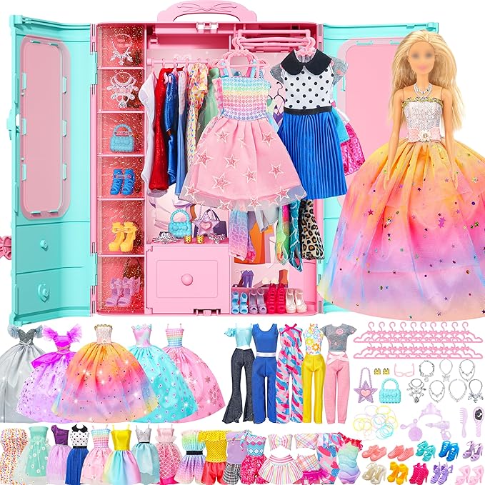 Style Shine 70 Pcs Closet Playset with Clothes & Accessories,2 Wedding Gowns 2 Casual Outfits 6 Fashion Dresses 2 Swimsuit 10 Shoes 27 Accessories 20 Hangers,Toys for Girls Kids Gifts