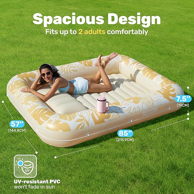 SLOOSH Inflatable Tanning Pool Lounger Float, 85" x 57" Extra Large Pool Floats Adult with Pillow, 4 in 1 Suntan Tub Raft Floatie,Sunbathing Bed Lounge for Water Blow Up Ball Pit, XL-Golden White