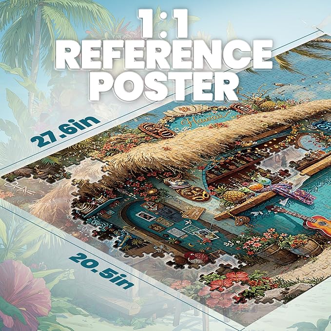 Puzzles for Adults 1000 Pieces, Hawaii Beach Tiki Bar Tropical Ocean Summer, Nature 1000 Piece Puzzle for Adults Seniors, Hard Jigsaw Puzzles with Letters on Back, 1:1 Poster