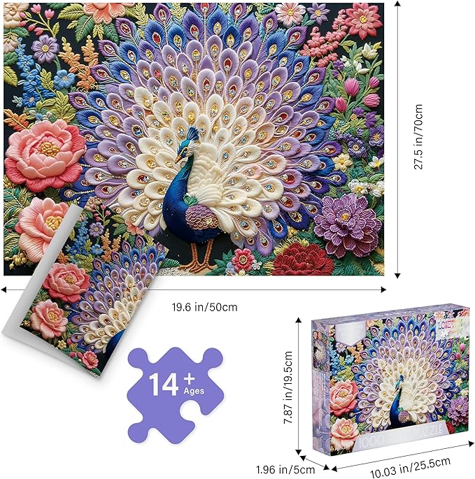 Crystal Peacock Puzzles for Adults 1000 Pieces, Pretty Embroidery Diamond Adults Puzzles,Perfectly Letter on Back No Dust, Matte Finish 3D Embroidery Puzzles Home Decor, 27.5" x 19.7" Gifts Games