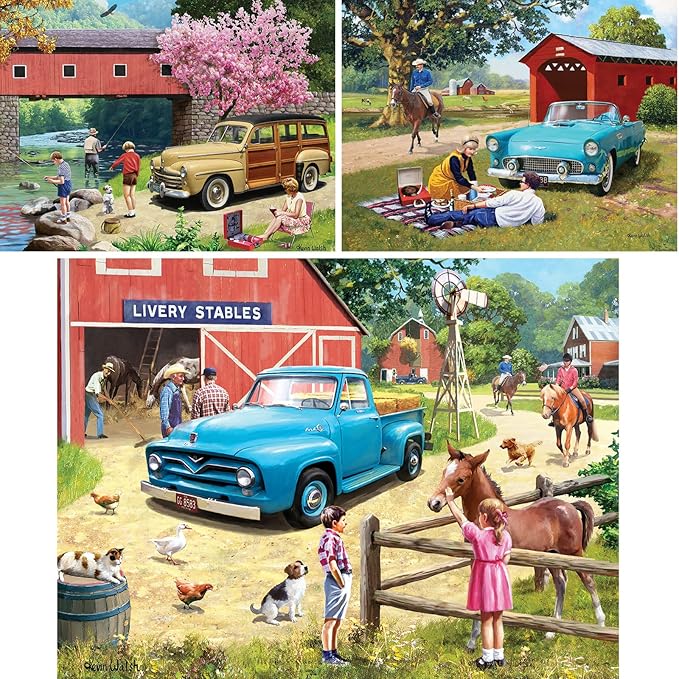 Bits and Pieces – Value Set of 3 Jigsaw Puzzles by Kevin Walsh – 300, 500 (18"x24") & 1000 Pieces (20"x27") Varients -Our Favorite Spot, T Bird Summer, A Stop at The Stables (Three 300 Piece Puzzles)