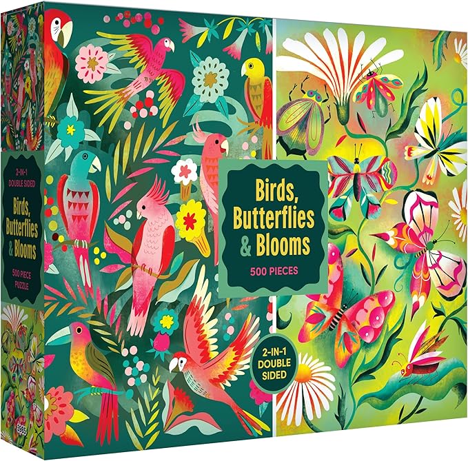 RoseArt - Birds, Butterflies & Blooms 500 Piece Double-Sided Jigsaw Puzzle – Matte & Glossy Sides– Nature Puzzle for Adults – 2-in-1 Puzzle with Poster