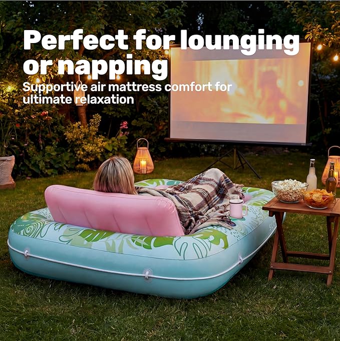SLOOSH Inflatable Tanning Pool Lounger Float, 70" x 46" Pool Floats Adult with Pillow, 4 in 1 Suntan Tub Raft Floatie,Sunbathing Bed Lounge for Water Blow Up Kids Ball Pit Party Gifts, L-Cyan Pink