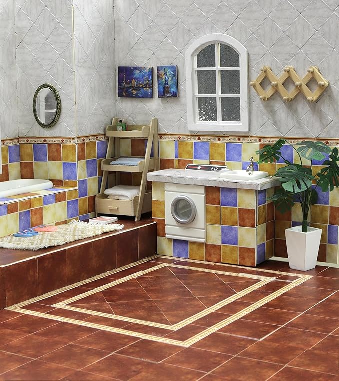 iLAND Miniature Dollhouse Accessories,60pcs Dollhouse Flooring on 1:12 Scale Mediterranean Small Waistline Tiles (60pcs Mediterranean Style)