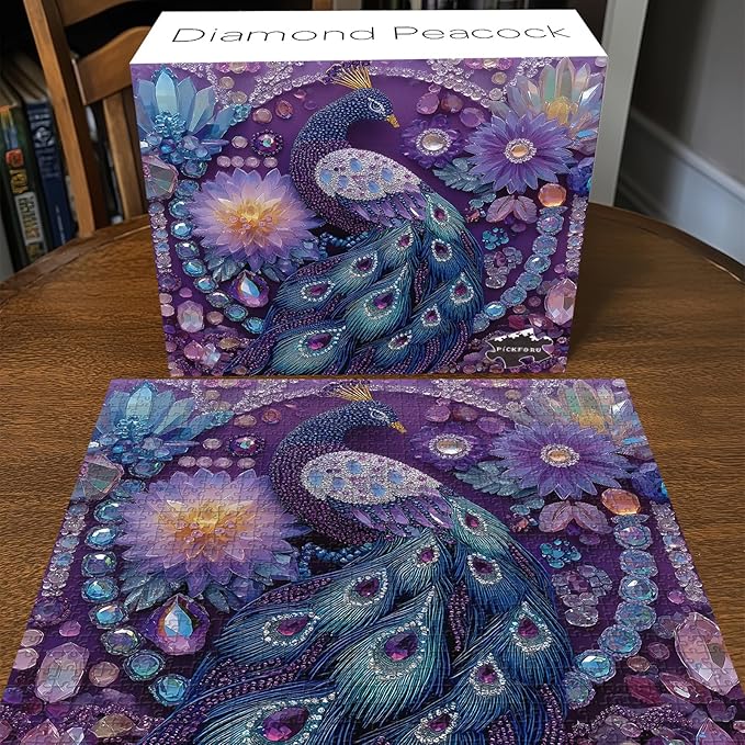 PICKFORU Peacock Puzzles for Adults 1000 Pieces, Purple Diamond Bird Jigsaw Puzzles Flower, Hard Unique Animal Feather Puzzle