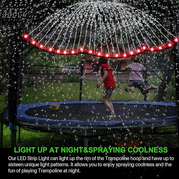 2Pcs Outdoor Trampoline Set, 12Ft LED Trampoline Light and Trampoline Sprinkler, Outdoor Trampoline Backyard Water Park, 16Color Change,Waterproof, Bright to Play at Night Outdoors, Good Gift for Kids