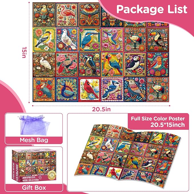 Puzzles for Adults 500 Pieces,Bird Jigsaw Puzzles 500 Pieces,Hummingbird Owl Jigsaw Puzzle for Adult Elderly Animal Puzzles for Men Women with Letters on Back 1:1 Poster Gift Toy 20.5x15 in