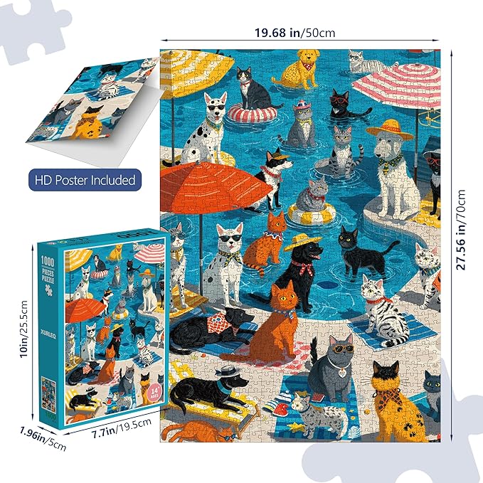 1000 Pieces Puzzle for Adults, Challenging Funny Paws Poolside Party Jigsaw Puzzles, Premium Matte Finish, 27.56 x 19.68 Inches, Perfect for Game Nights