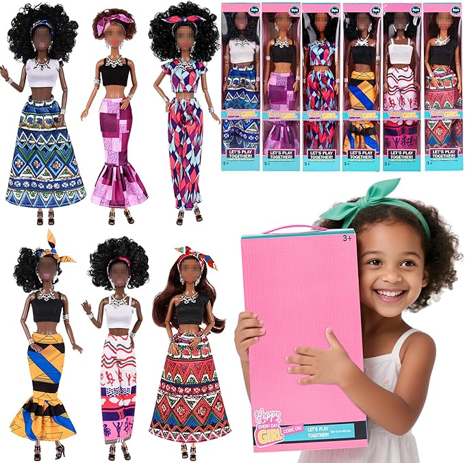 dollbie 6 Pack African American Fashion Dolls Set with Mix & Match Outfits – 11.5" Posable Black Dolls & 5 Accessories Each (Crown, Necklace, Headscarf & More) + Pink Gift Case