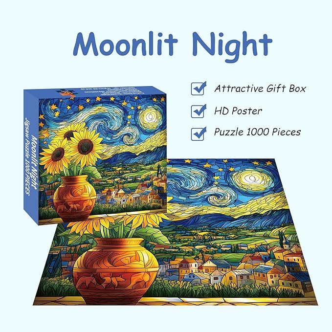 Starry Night Puzzle 1000 Pieces-Moonlit Night, Sunflower Puzzles for Adults 1000 Pieces, Jigsaw Puzzle Stained Glass, Difficult Jigsaw Puzzles for Family, Finished Size 23.98 * 23.98"