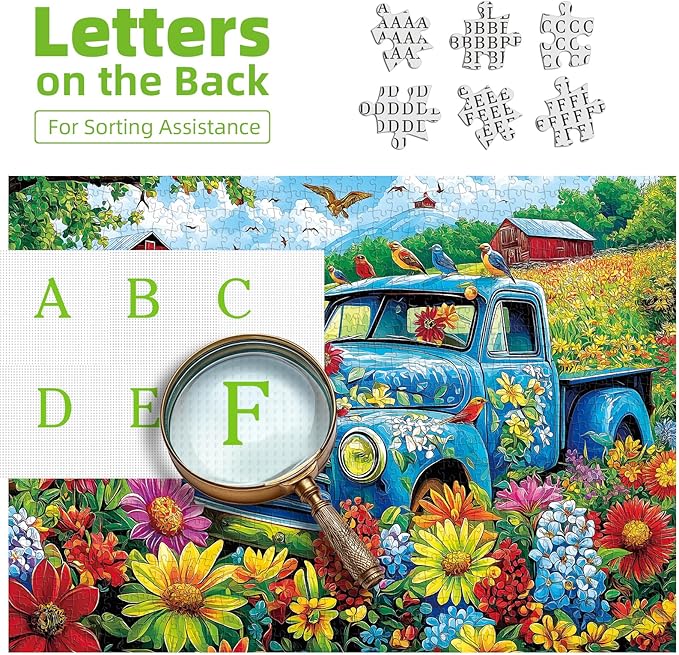 MINIWAN 500 Piece Puzzles for Adults - Vintage Blue Truck Farm Floral Jigsaw Puzzle, 23x15 Inches with Unique Shaped Pieces for Relaxation & Home Decor