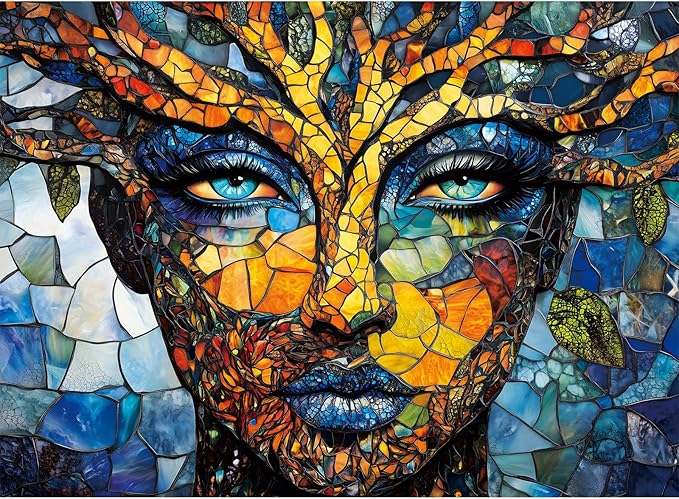 500 Piece Puzzles for Adults, Mosaic Tree Faced Woman Jigsaw Puzzles, Stained Glass Art Puzzle, Birthday for Men, Women, and Seniors, Fun and Challenging Puzzle, 20.5x15 in