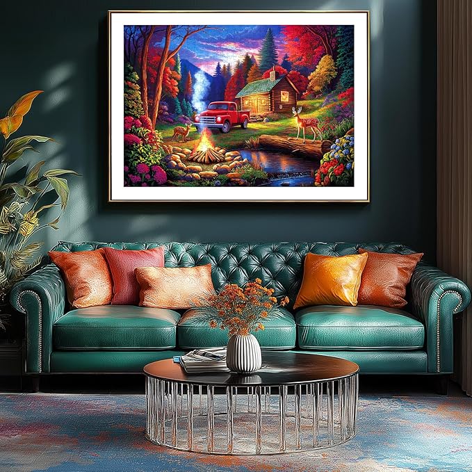 1000 Piece Jigsaw Puzzle for Adults, Rustic Camping Scene with Log Cabin, Vintage Red Truck, Deer & Campfire, Colorful Forest Dusk Landscape, Premium Quality Puzzle for Family Fun