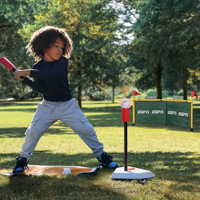 ESPN My First Home Run Batting Tee for Kids Includes Tee Ball Bat, Foam Ball, Home Run Fence, and Batter’s Box
