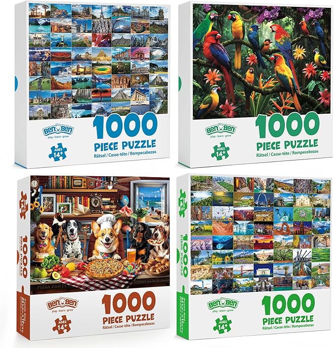 BenBen 1000 Piece Puzzle for Adults, 4 Pack Jigsaw Puzzles with Letters or Patterns on Back, World Landscape, USA Landmarks, Dogs' Dinner Party, Jungle Parrots