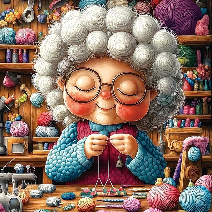 Knitting Grandma 500 Piece Puzzle for Adults Cozy Craft Room Colorful Yarn Balls Jigsaw Puzzle with Letters on Back Fun Cute Cartoon Relax Puzzles for Seniors Family