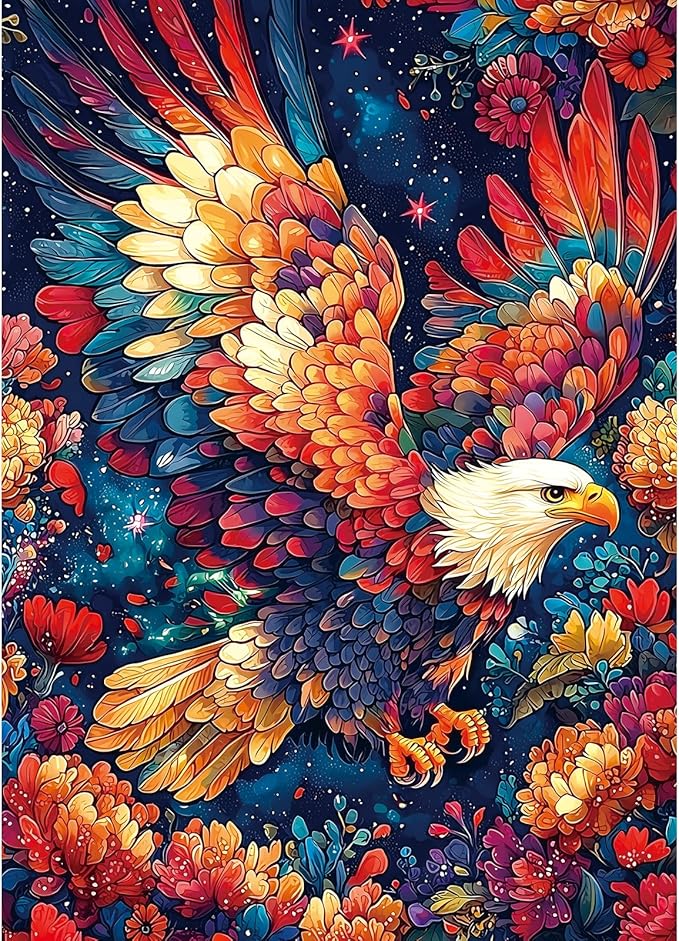 MINIWAN Vibrant Floral Bald Eagle 1000 Piece Puzzle for Adults, Colorful Flower American Eagle Jigsaw Puzzle, Wildlife Art Puzzle for Relaxation & Home Wall Deco 27.5x19.7 Inch