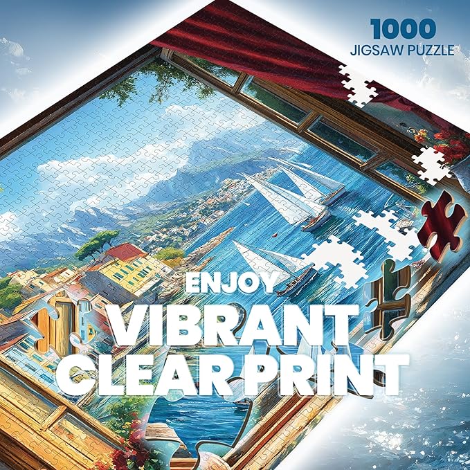 Puzzles for Adults 1000 Pieces, Italy Ocean Coast Seaside Village Window View, 1000 Piece Puzzle for Adults Seniors, Jigsaw Puzzles with Letters on Back,Fun Gifts Decor 1:1 Poster