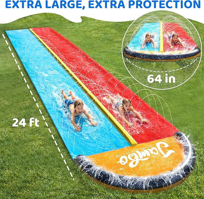 JAMBO Premium 24Ft Budget Slip Splash and Slide, Heavy Duty Water Slide with Advanced Sprinkler System, Backyard Waterslide, Splash Mat, Outdoor Water Toys n Slides for Kids