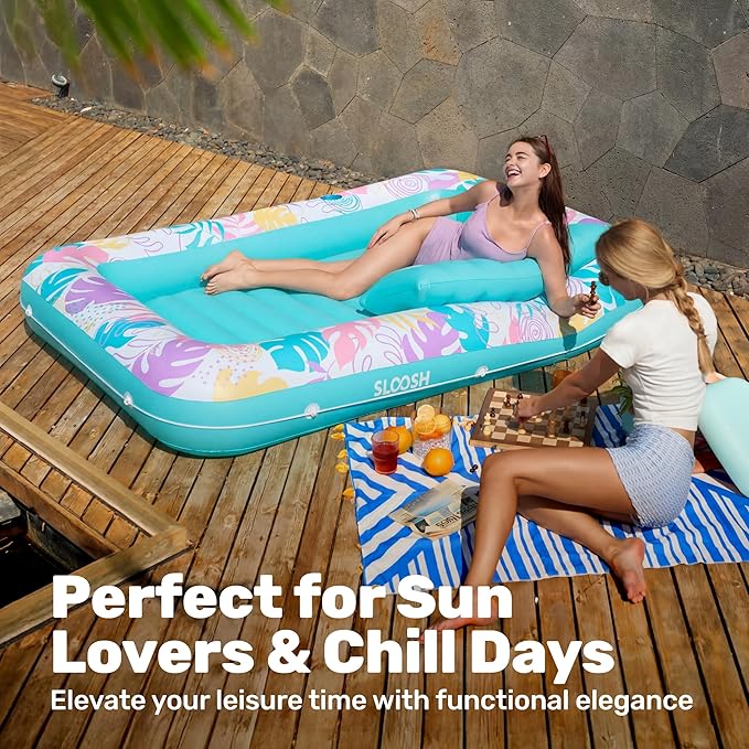 SLOOSH Inflatable Tanning Pool Lounger Float, 85" x 57" Pool Floats Adult with Pillow, 4 in 1 Suntan Tub Raft Floatie,Sunbathing Bed Lounge for Water Blow Up Ball Pit Party Gifts, L-Tropical Blue