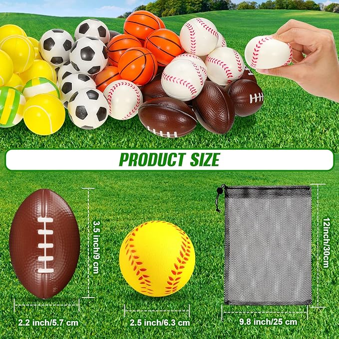 HyDren 72 Pcs Sports Stress Balls Mini Foam Sport Ball Squeeze Toy Include Storage Bag Basketball Football Baseball Soccer Tennis Volleyball for Stress Relief, Relaxation Party Favor for Boys Girls