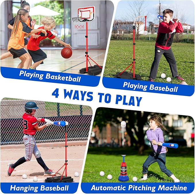 4 in 1 Kids Basketball Hoop and T-Ball Set - Adjustable Hanging T-Ball Stand with Automatic Pitching Machine, Indoor Outdoor Sports Toys, Christmas Birthday Gifts for Boys Girls Ages 3-8