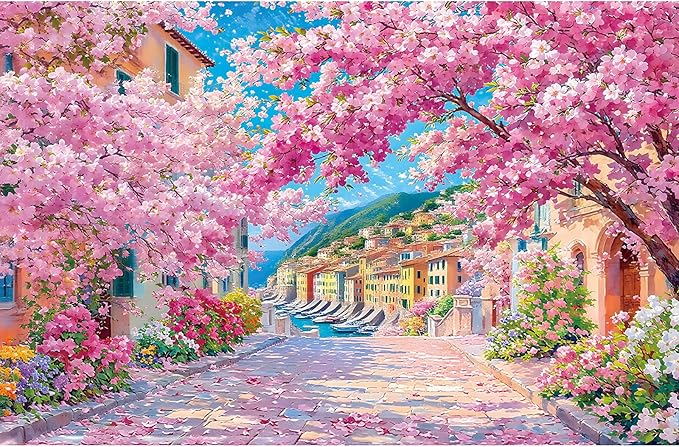 Cinque Terre Cherry Blossom Street 1000 Piece Puzzle for Adults, Fun Spring Puzzles for Adults 1000 Pieces with HD Print & Poster, 27.5 X 19.7 Dust Free, for Gifts Halloween Christmas Family Games