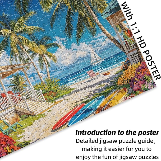 500 Piece Puzzles for Adults, Beach Cottage Puzzles for Adults 500 Pieces, Summer Beach Leisure Jigsaw Puzzles, Challenging Ocean Jigsaw Puzzle as Home Decor