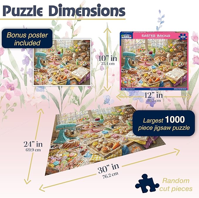 White Mountain 1000 Piece Jigsaw Puzzle Spring Kitchen Baking Scene Puzzle with Large Pieces Gift for Adults and Family 24" x 30" - Easter Baking