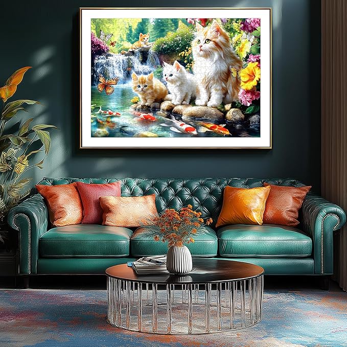 Serene Cat Garden 1000 Piece Jigsaw Puzzle for Adults, Waterfall Scene with Koi Fish and Butterflies, 27.56 x 19.69 Inch, Relaxing, Detailed Art for Solo or Social Puzzling