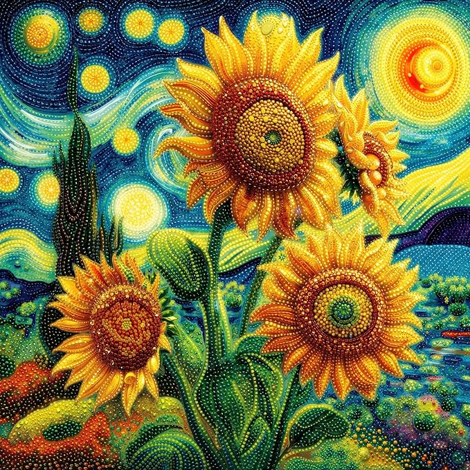 Starry Night Sunflowers 1000 Piece Puzzle for Adults - Van Gogh Inspired Pointillism Art, Vibrant Floral Scene, Poster & Lettered Back, 22.8" Square HD, Gift for Art & Nature Lovers