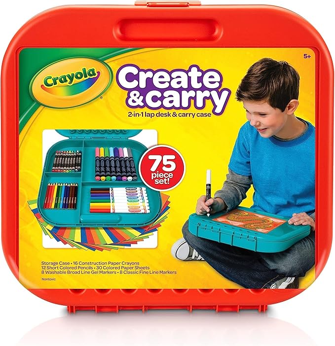 Crayola Create 'N Carry Travel Art Set for Kids (75pcs), 2-in-1 Lap Desk & Carrying Case, Essential Easter Basket Stuffers, Art Supplies Kit, Spring Crafting, Gift for Kids