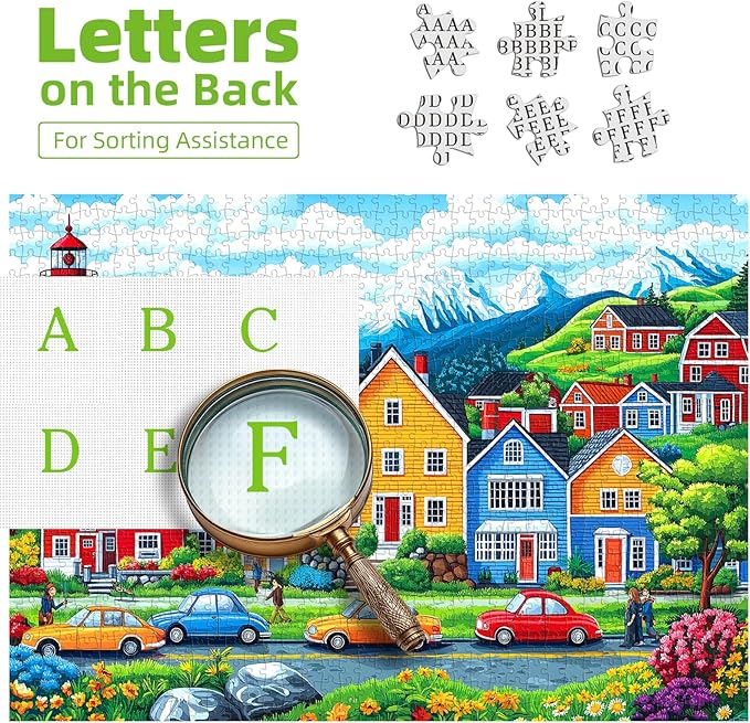 Blueforest 1000 Piece Jigsaw Puzzle for Adults - Coastal Village Scene: Colorful Houses, Lighthouse & Mountain View, 27.5x19.7 Inch
