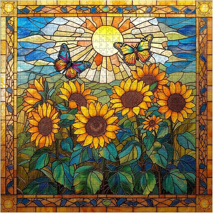 Stained Glass Puzzles for Adults 1000 Pieces and up, PICKFORU Sunflowers Puzzle as Home Decor, Butterfly Flower Puzzles as Home Decor