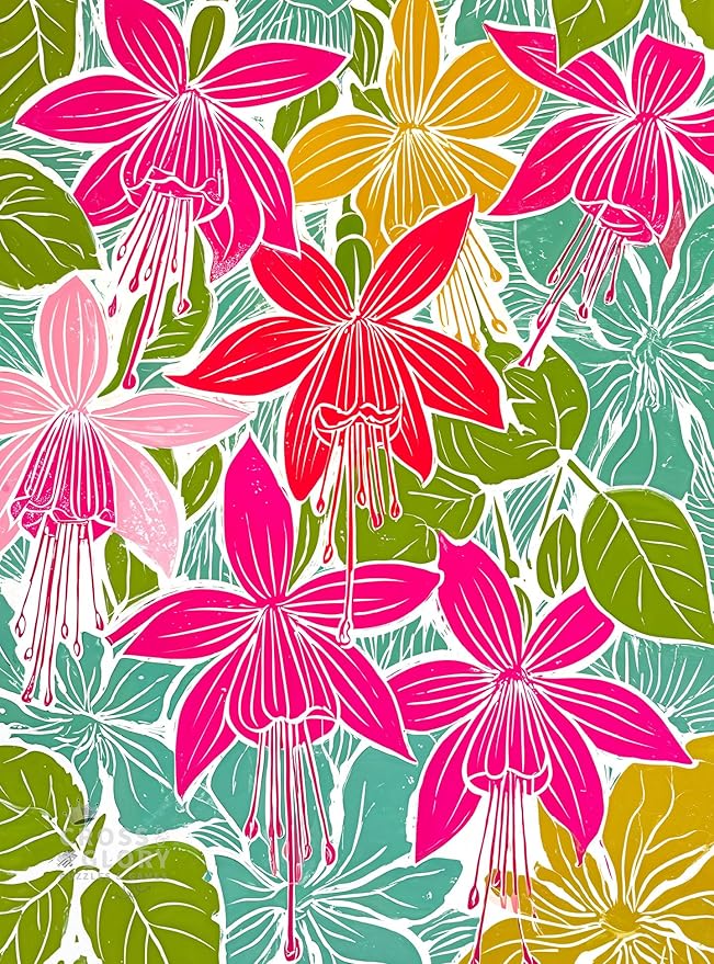 Cross & Glory - Petals in Print - 1000 Piece Jigsaw Puzzle for Adults | Colorful Fuchsia Floral Block Print for Puzzle Lovers and Art Enthusiasts