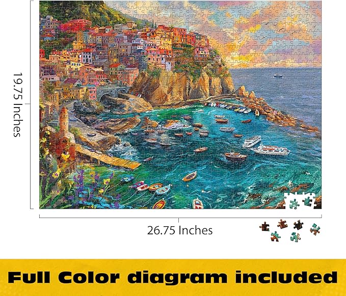 Buffalo Games – Cinque Terre Seas – 1000 Piece Jigsaw Puzzle - Premium Gold Collection Giftable Puzzle for Adults – Precision-Cut Pieces, Beautiful Artwork, and Hours of Relaxing Fun
