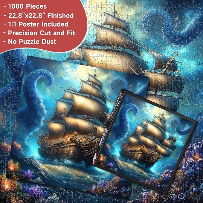 Kraken and Galleon 1000 Piece Puzzle for Adults - Fantasy Nautical Myth Art, Mystical Underwater Scene, Poster & Lettered Back, 22.8" Square HD, Gift for Mythology & Adventure Lovers