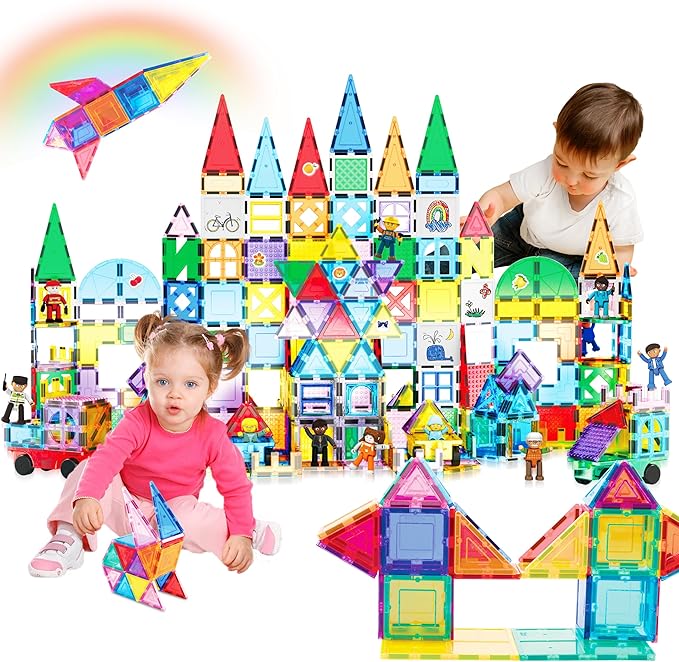 PicassoTiles Mega Magnetic Building Block 350 Piece Set Magnet Tile Construction Blocks with Car Base, Character Figures, Markers, Whiteboard, 110+ Page Ideabook Included for Ages 3 Up STEM Learning