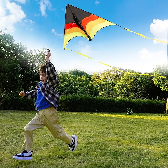 SYNCFUN Large Delta Kite Gradient Yellow– Easy to Fly for Kids and Adults, Beach Kite with 328 ft String for Outdoor Games and Activities