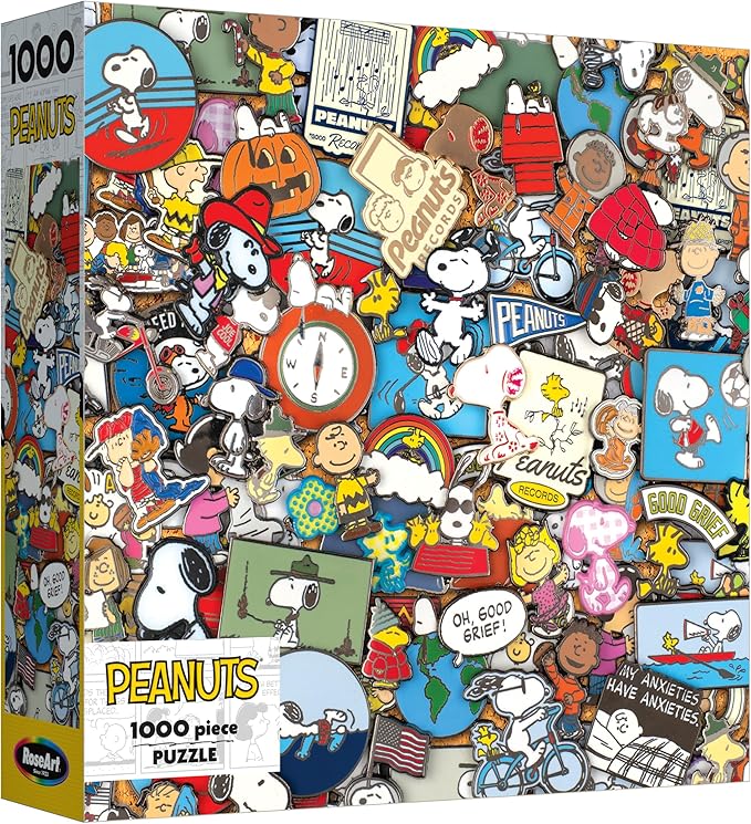 RoseArt - Peanuts - Peanuts Pins - 1000 Piece Jigsaw Puzzle for Adults - Snoopy, Charlie Brown & Woodstock Collectible Collage – Vibrant Peanuts Artwork – 26.625 x 19.25 Inches